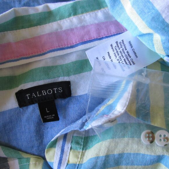 Talbots Popover Shirt sz Large Long Sleeve White Pink Blue Green Stripe Cotton - Picture 3 of 4